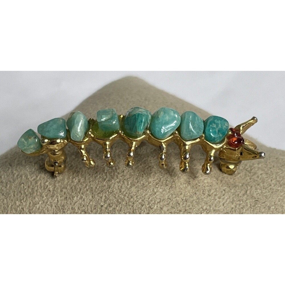 Amazonite Red Eyed Caterpillar Pin Brooch. Gold Plated Unsigned